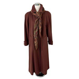 Evan Picone Brown Wool Long Trench Coat & Scarf Size 8 Vintage 1980s Made in USA